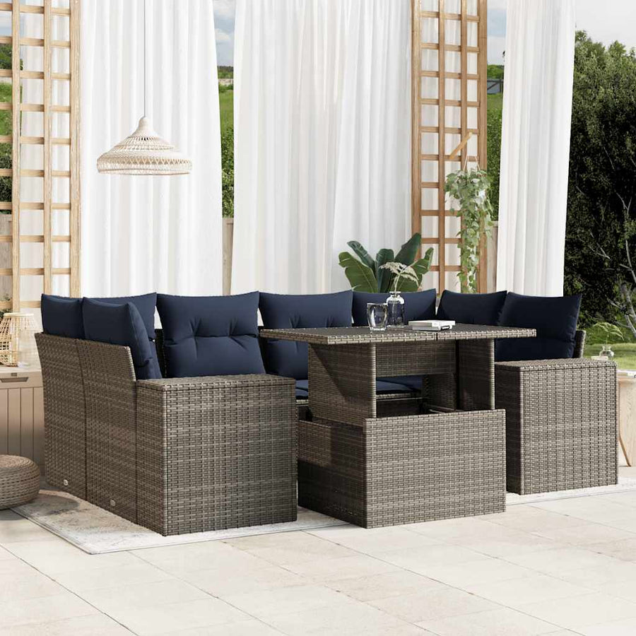 7-delige tuinset met kussens grijs poly rattan