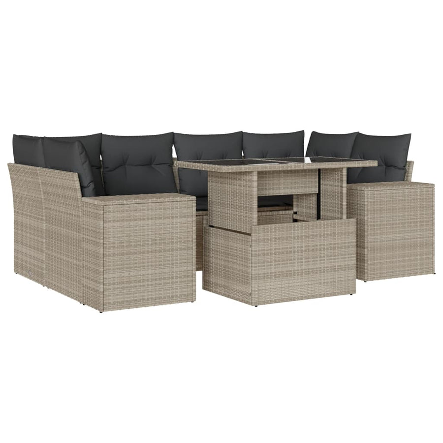 7-delige Loungeset met kussens poly rattan lichtgrijs