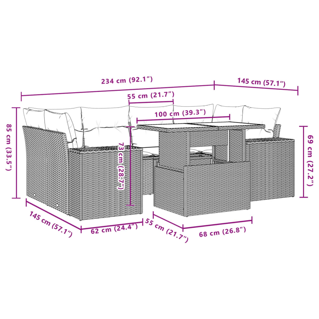 7-delige Loungeset met kussens poly rattan lichtgrijs