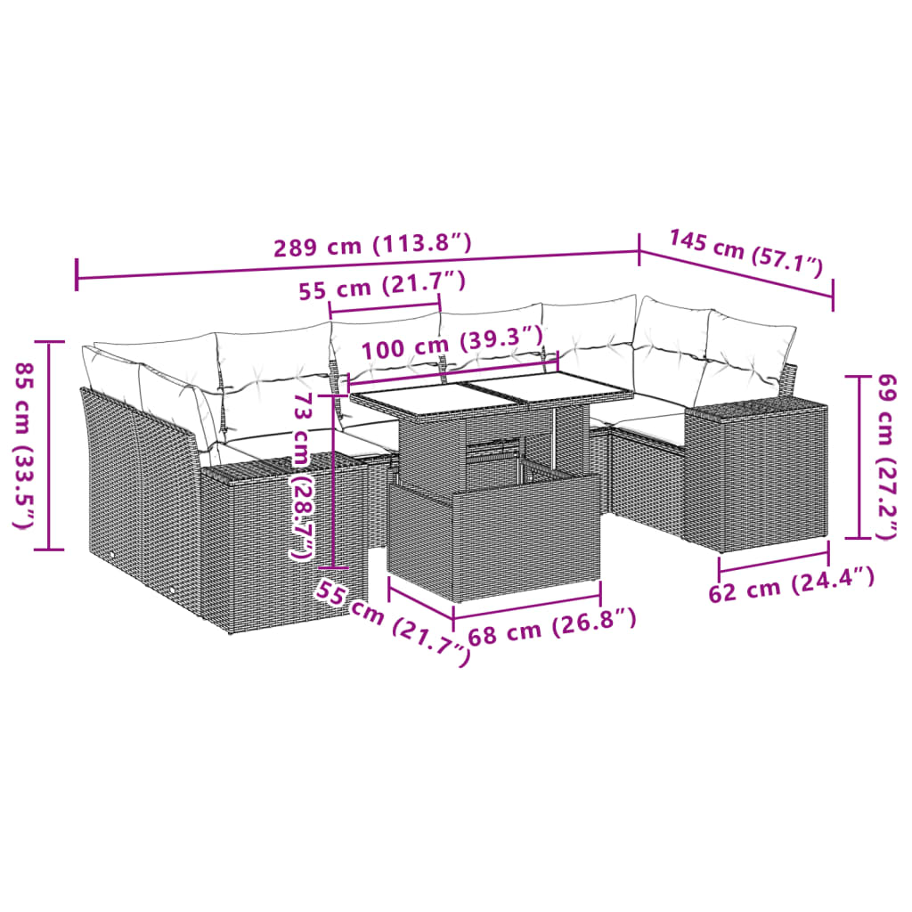 8-delige Loungeset met kussens poly rattan zwart