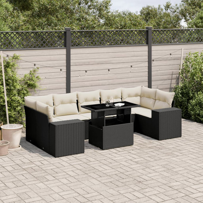 8-delige Loungeset met kussens poly rattan zwart