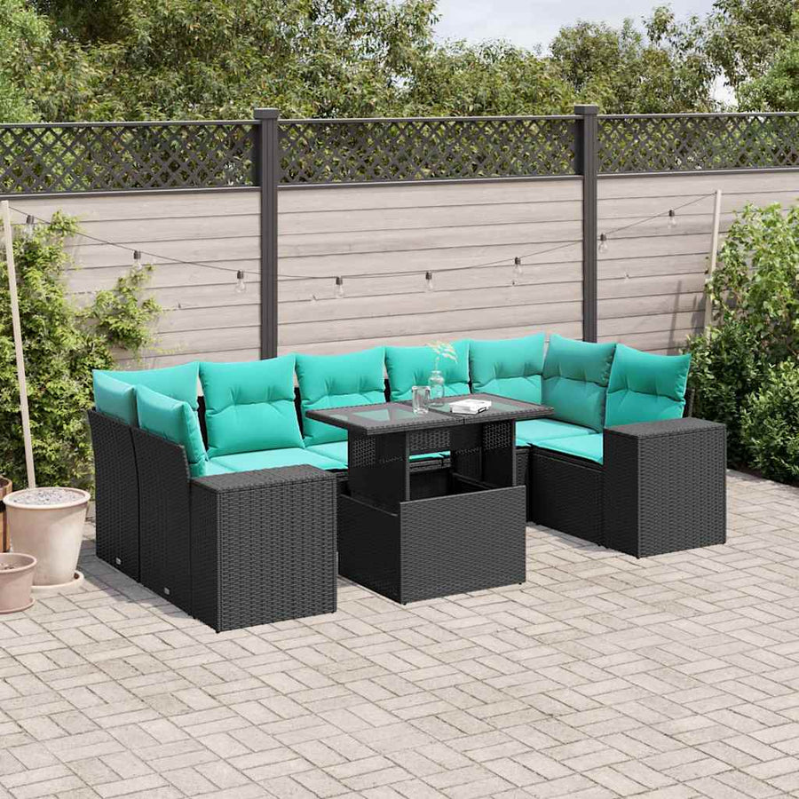 8-delige tuinbankset met kussens, zwart polyrotan