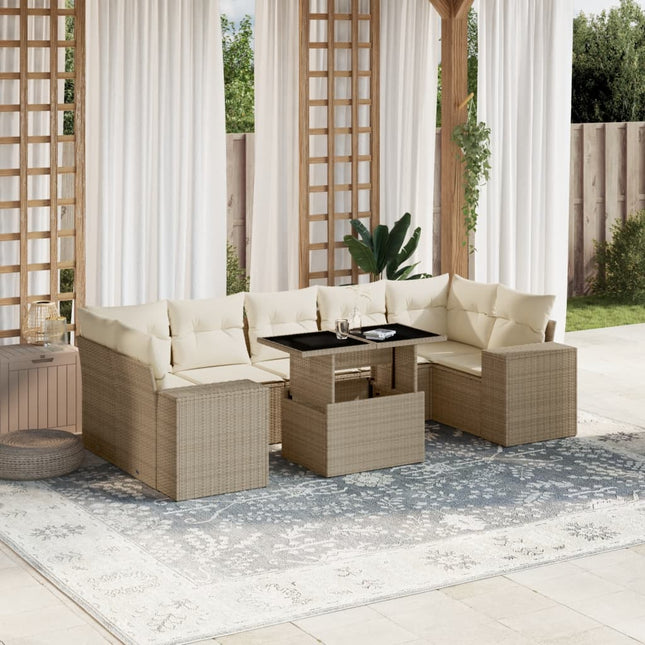 8-delige Loungeset met kussens poly rattan beige