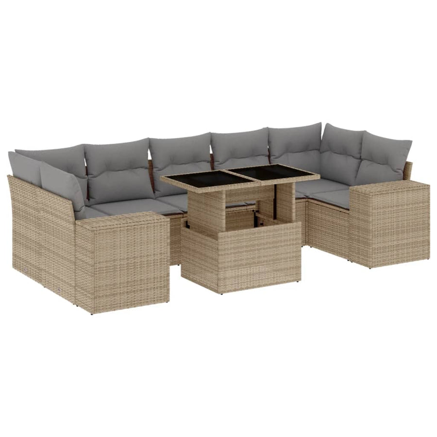 8-delige Loungeset met kussens poly rattan beige