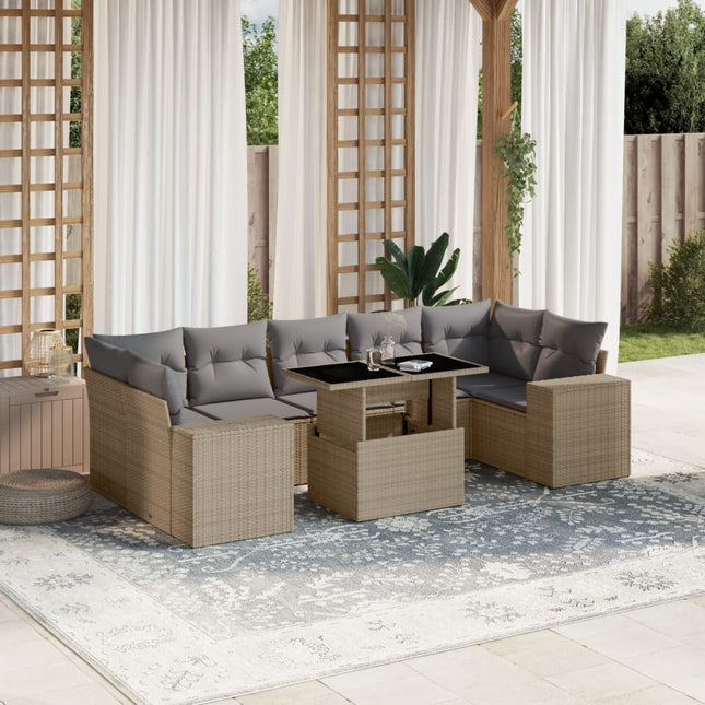 8-delige Loungeset met kussens poly rattan beige