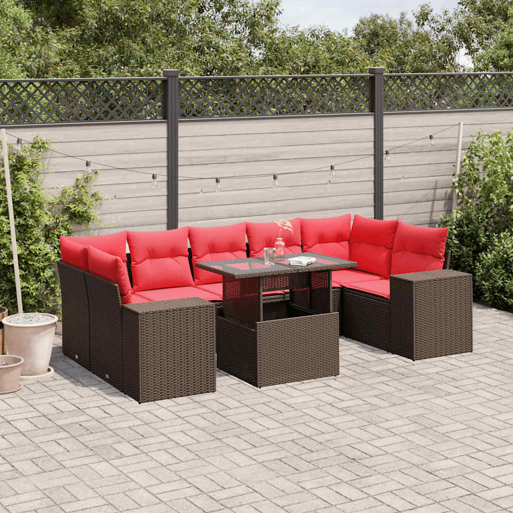 8-delige tuinbankset met kussens, bruin polyrotan