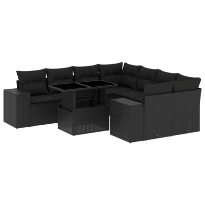 9-delige Loungeset met kussens poly rattan zwart