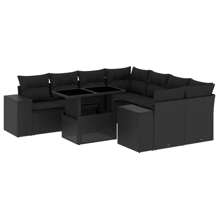 9-delige Loungeset met kussens poly rattan zwart
