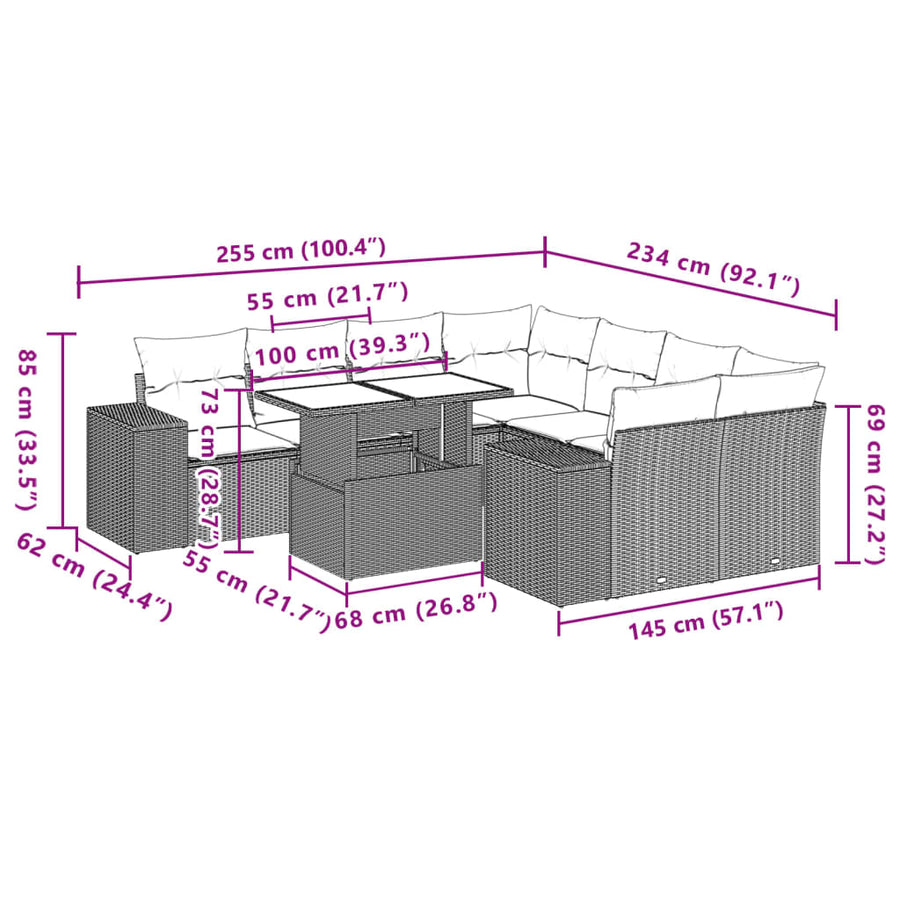 9-delige Loungeset met kussens poly rattan zwart