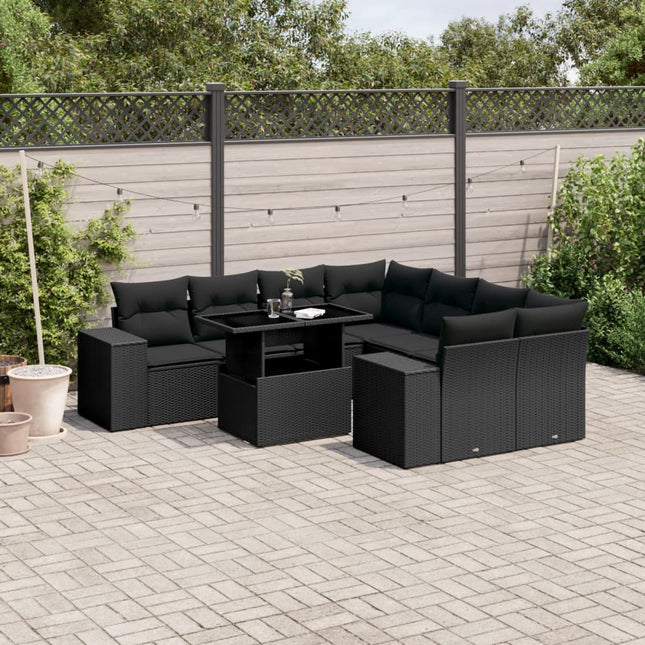 9-delige Loungeset met kussens poly rattan zwart