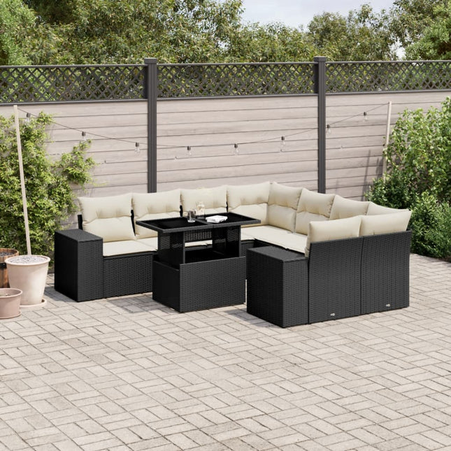 9-delige Loungeset met kussens poly rattan zwart