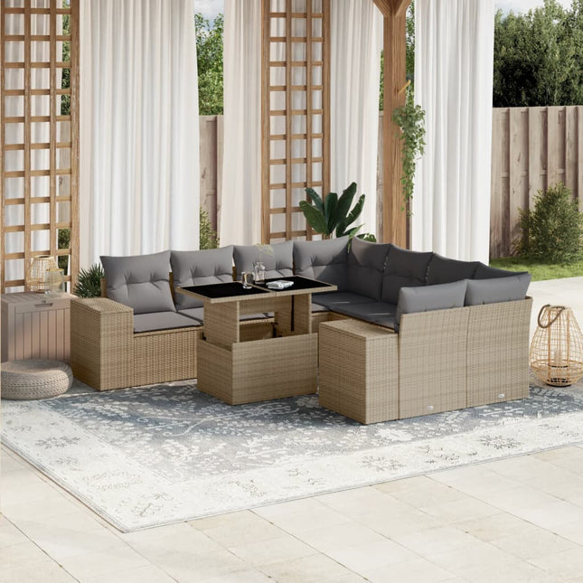 9-delige Loungeset met kussens poly rattan beige