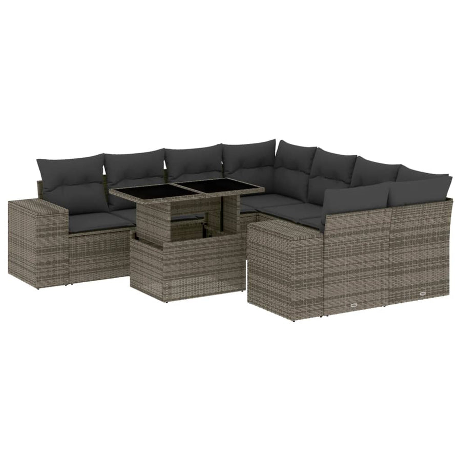9-delige Loungeset met kussens poly rattan grijs