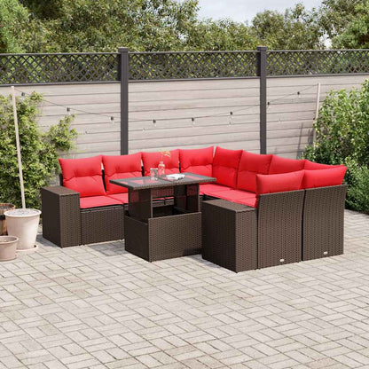 9-delige tuinbankset met kussens, bruin polyrotan