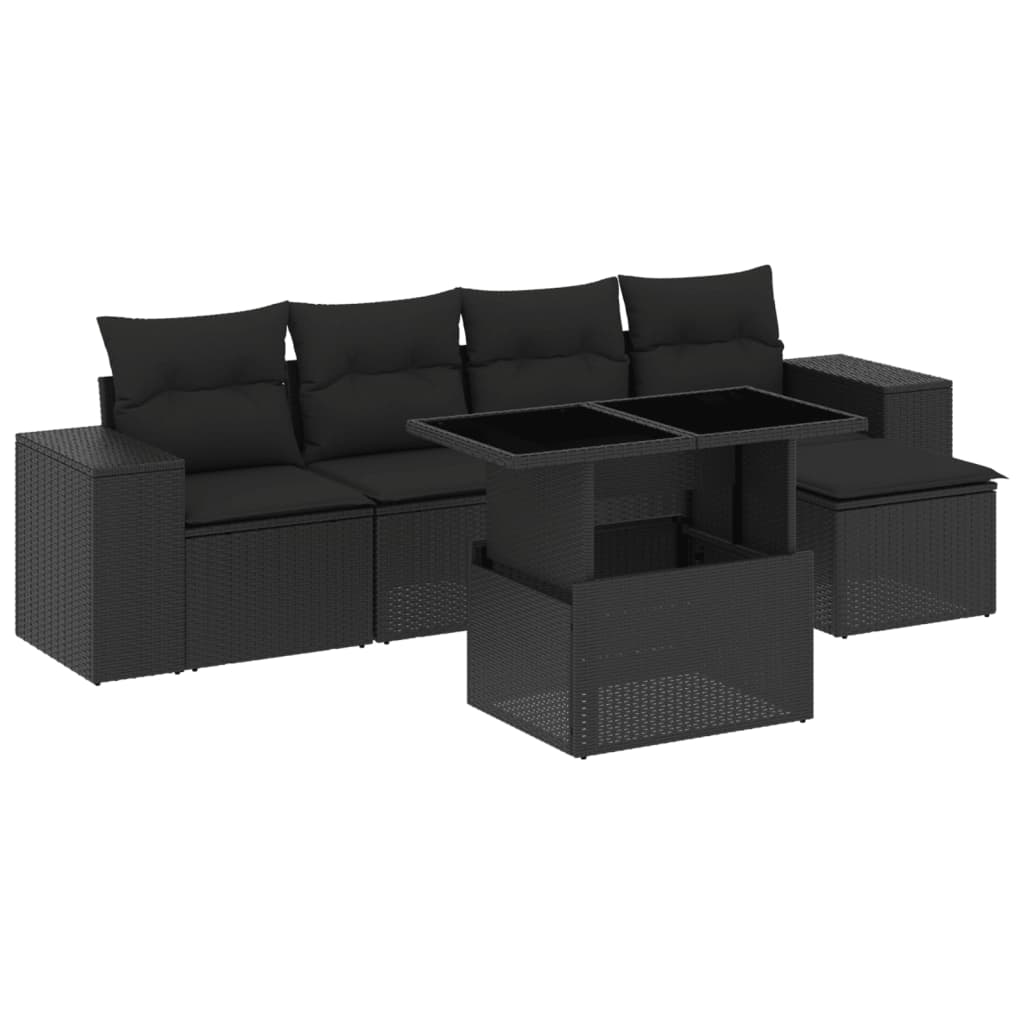 6-delige Loungeset met kussens poly rattan zwart