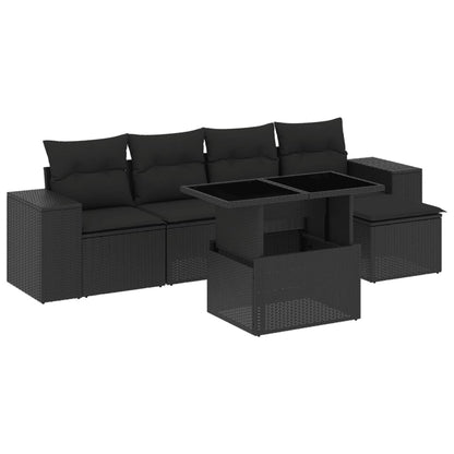 6-delige Loungeset met kussens poly rattan zwart
