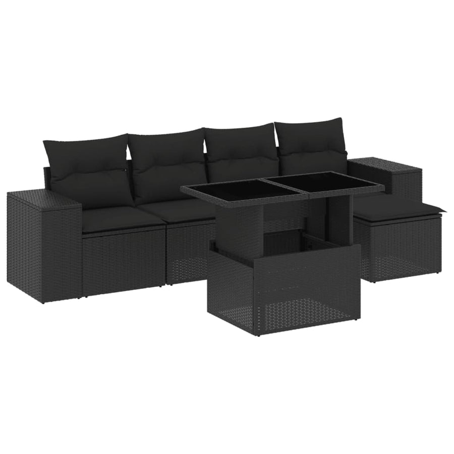 6-delige Loungeset met kussens poly rattan zwart