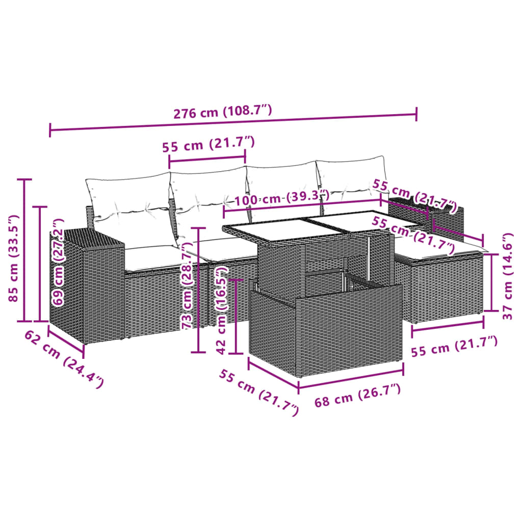 6-delige Loungeset met kussens poly rattan zwart