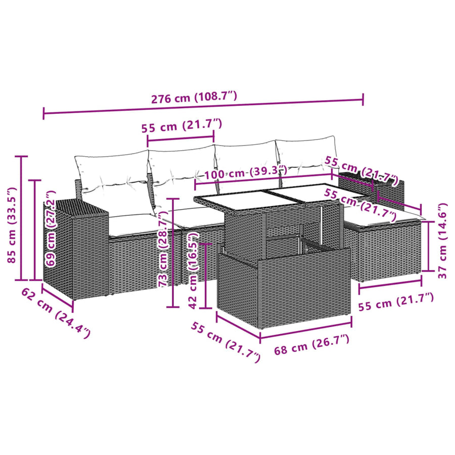 6-delige Loungeset met kussens poly rattan zwart