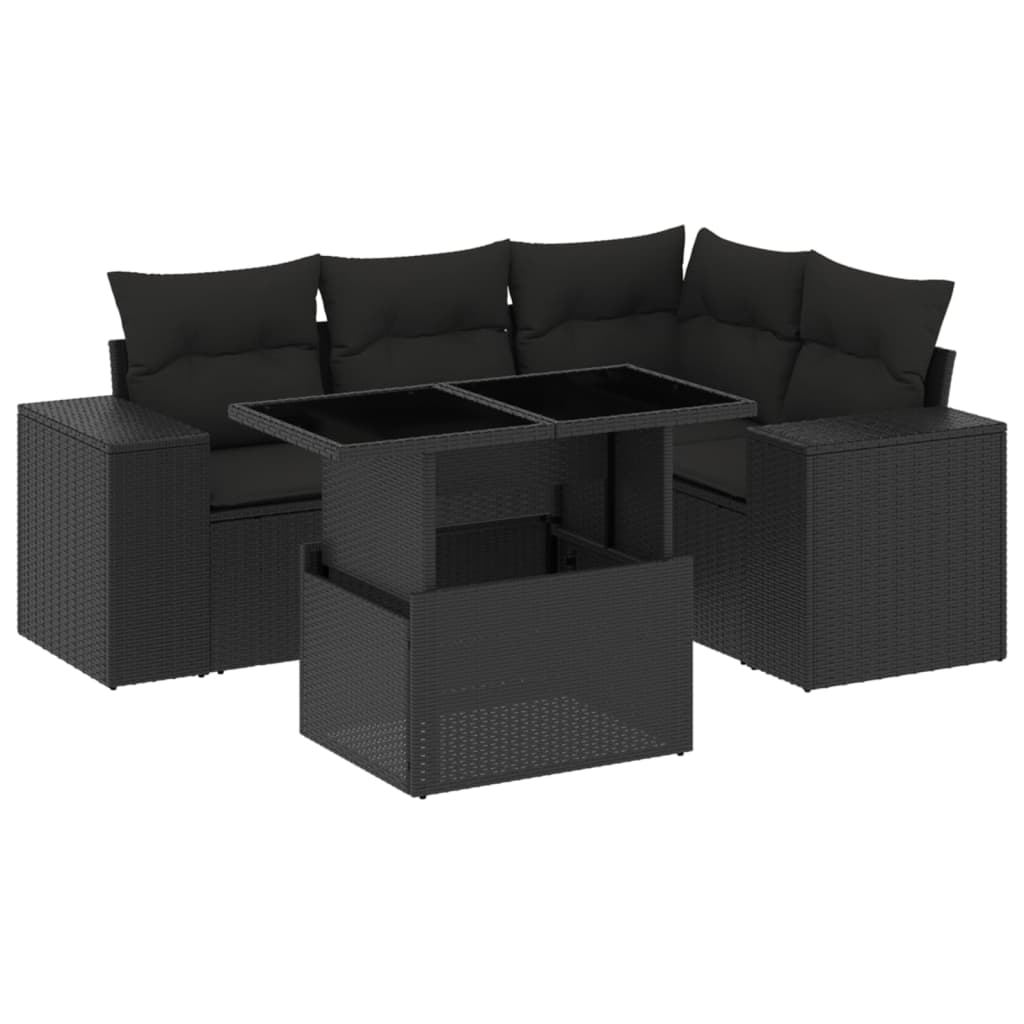 5-delige Loungeset met kussens poly rattan zwart