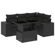 5-delige Loungeset met kussens poly rattan zwart