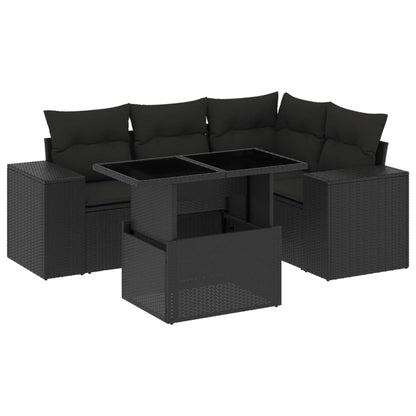 5-delige Loungeset met kussens poly rattan zwart