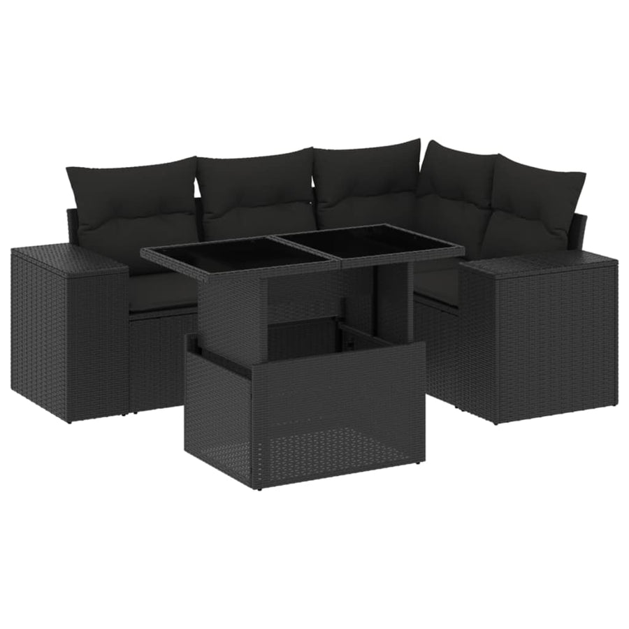 5-delige Loungeset met kussens poly rattan zwart