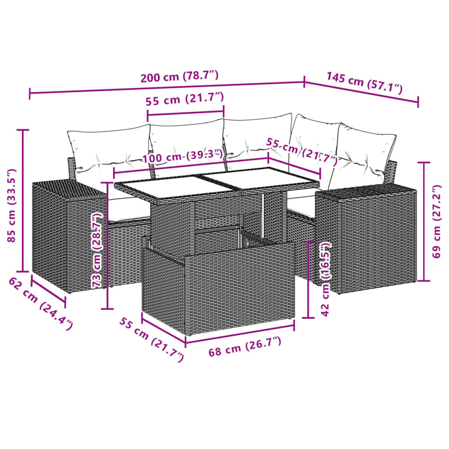 5-delige Loungeset met kussens poly rattan zwart