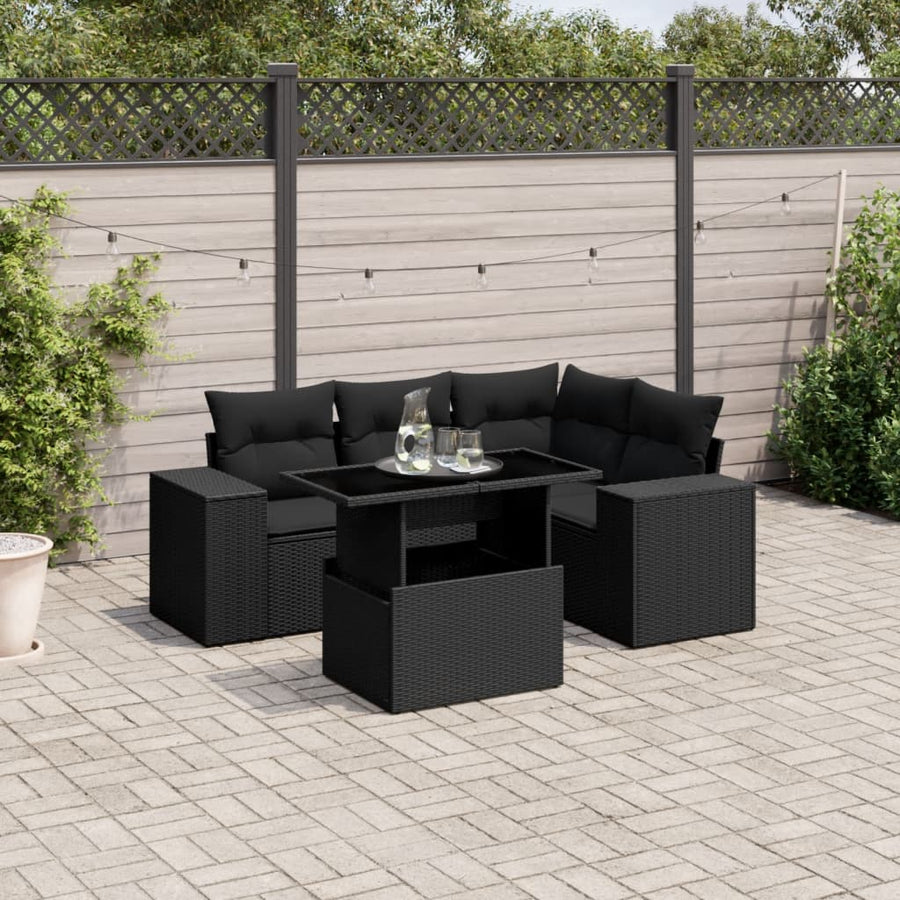 5-delige Loungeset met kussens poly rattan zwart