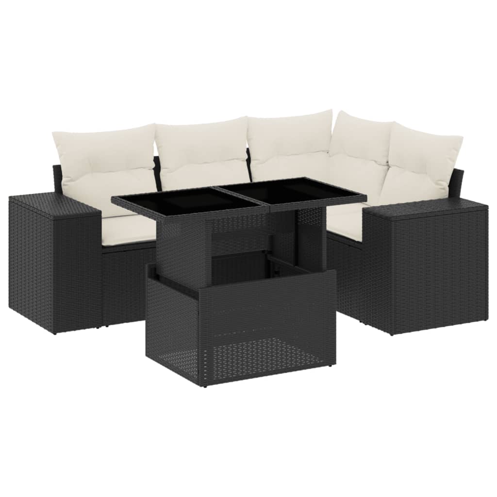5-delige Loungeset met kussens poly rattan zwart