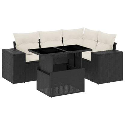5-delige Loungeset met kussens poly rattan zwart