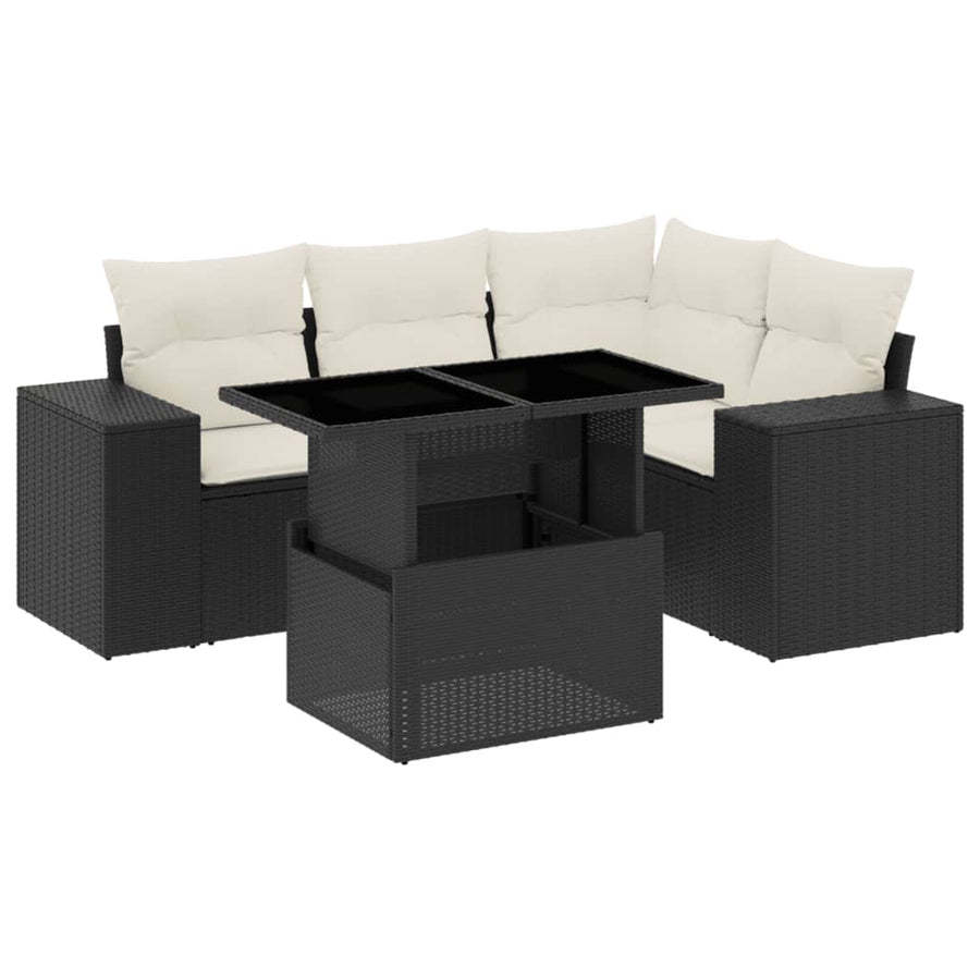 5-delige Loungeset met kussens poly rattan zwart
