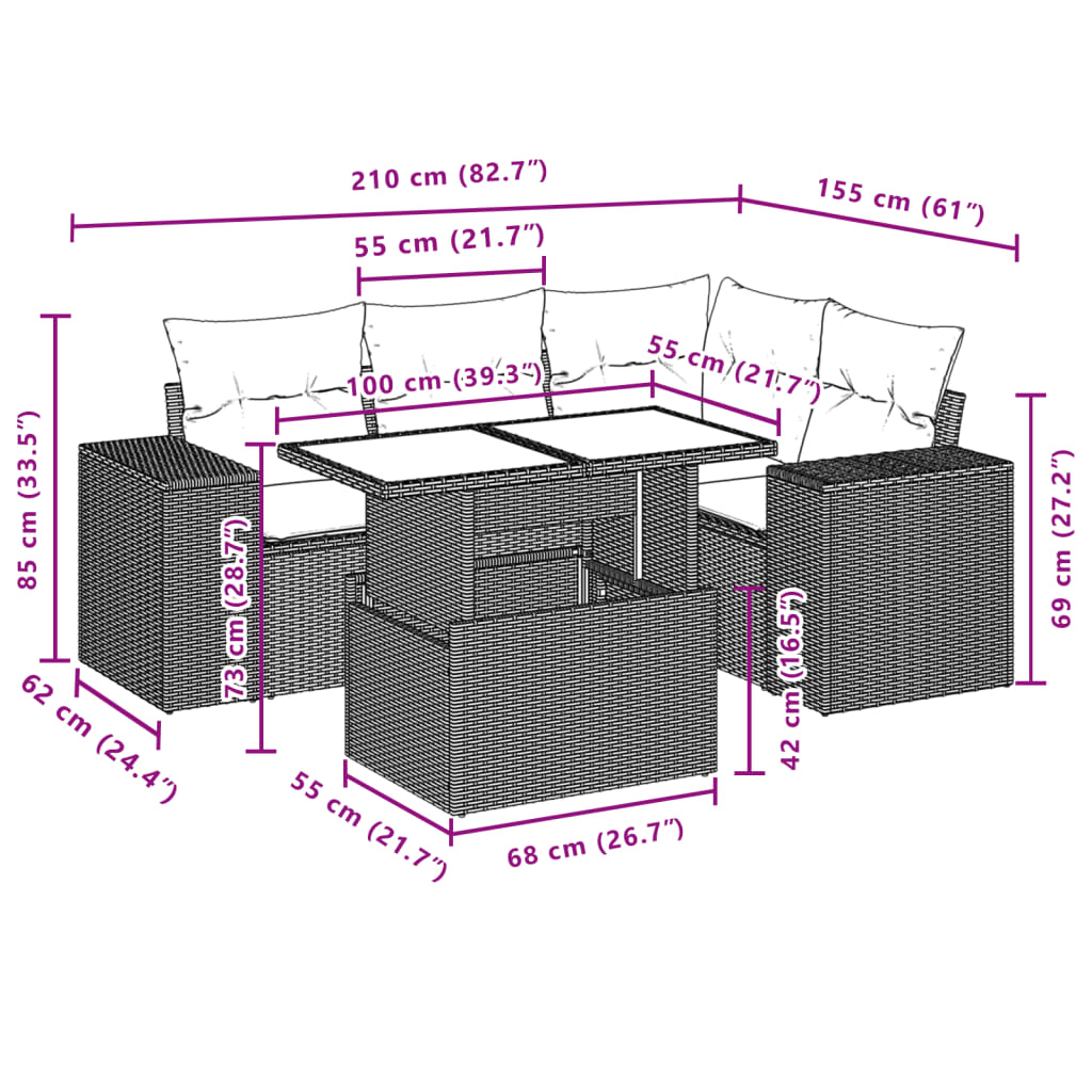 5-delige Loungeset met kussens poly rattan beige