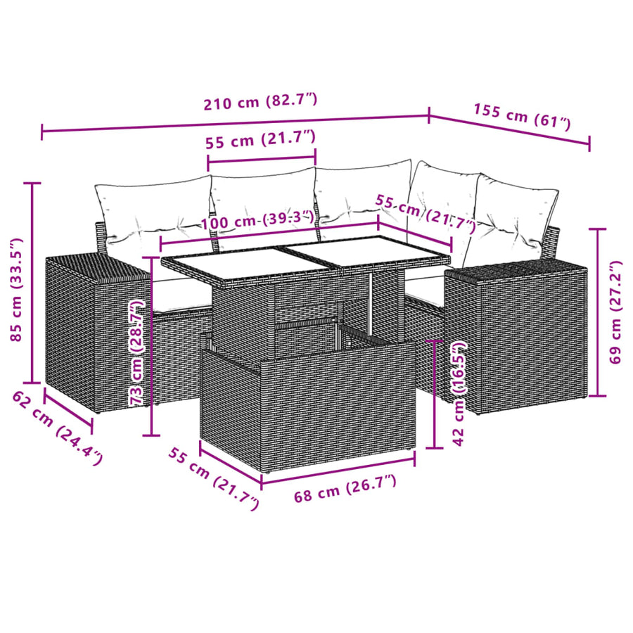5-delige Loungeset met kussens poly rattan beige