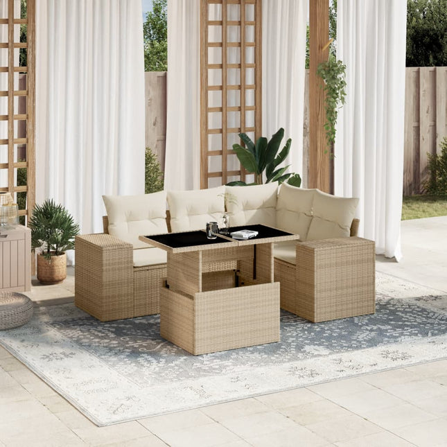 5-delige Loungeset met kussens poly rattan beige