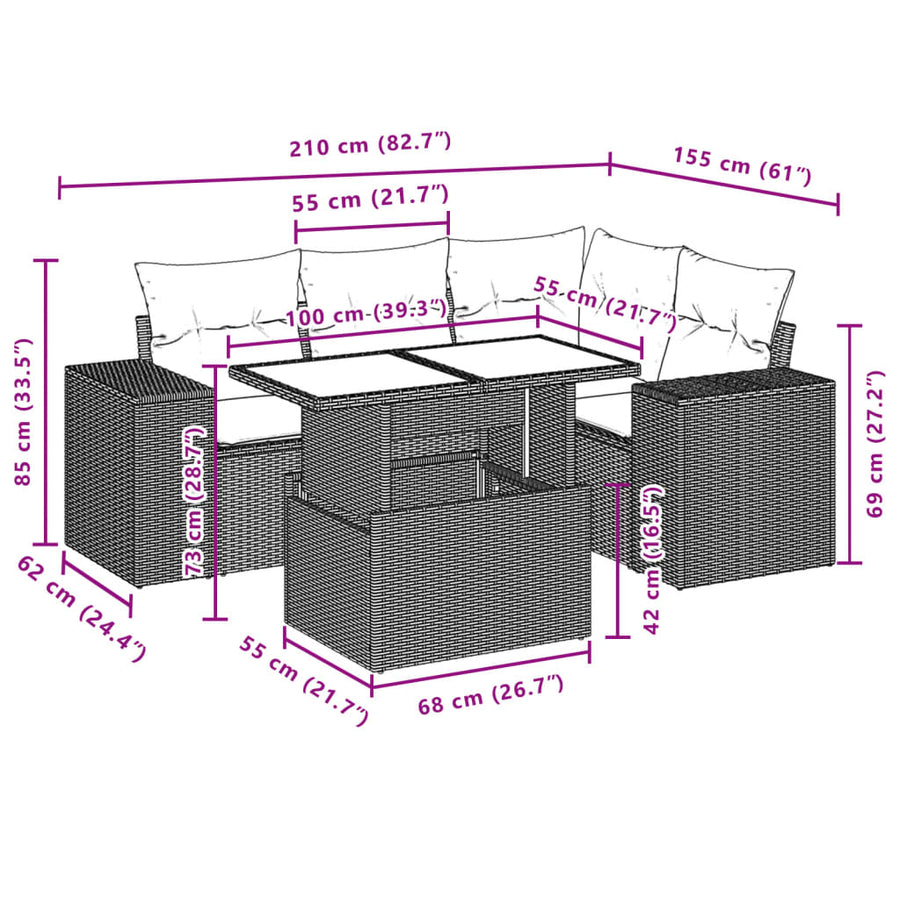 5-delige Loungeset met kussens poly rattan beige