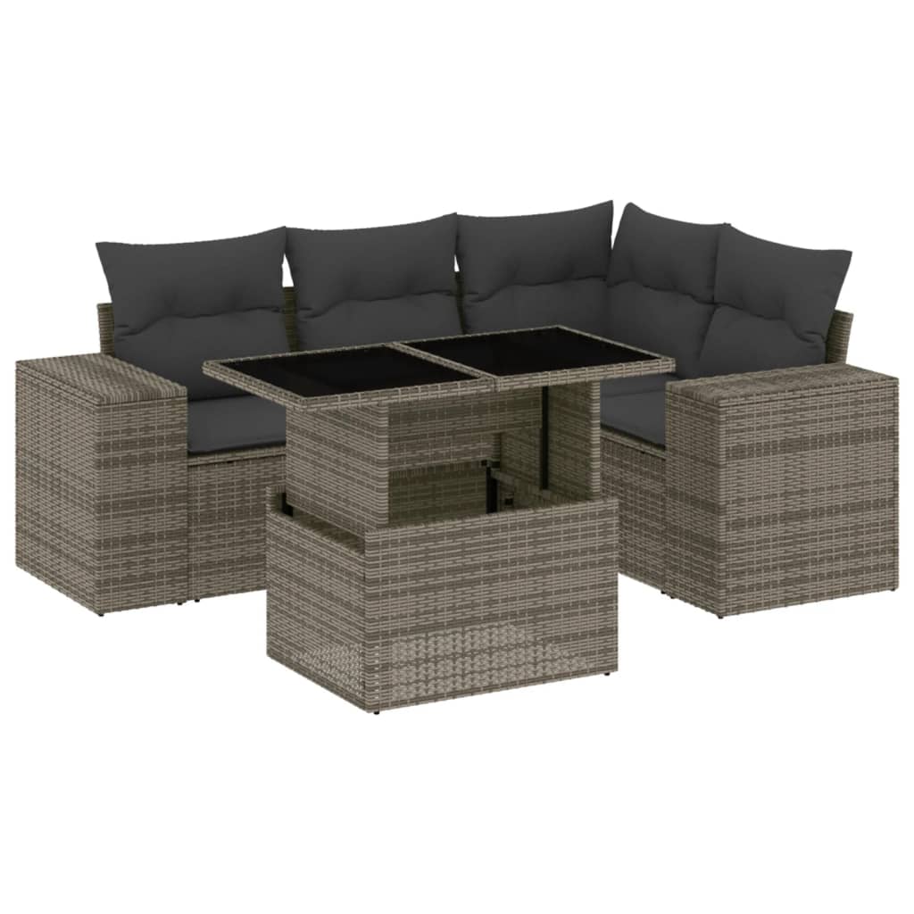 5-delige Loungeset met kussens poly rattan grijs