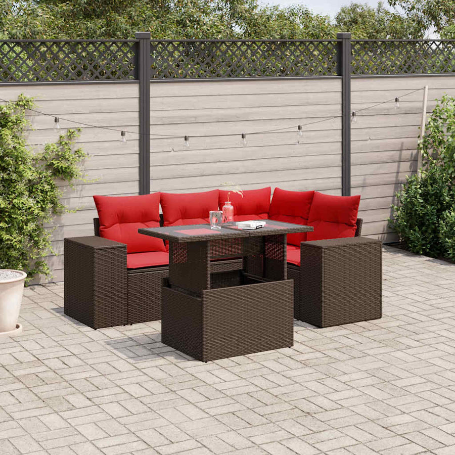 5-delige tuinbankset met kussens, bruin polyrotan