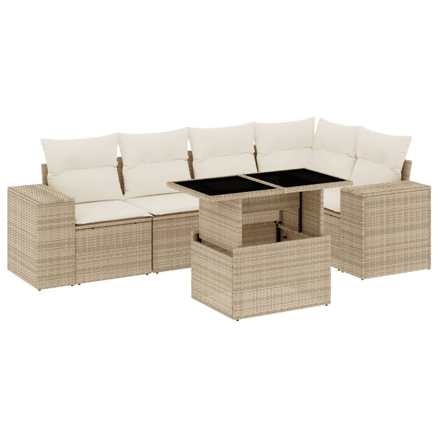 6-delige Loungeset met kussens poly rattan beige
