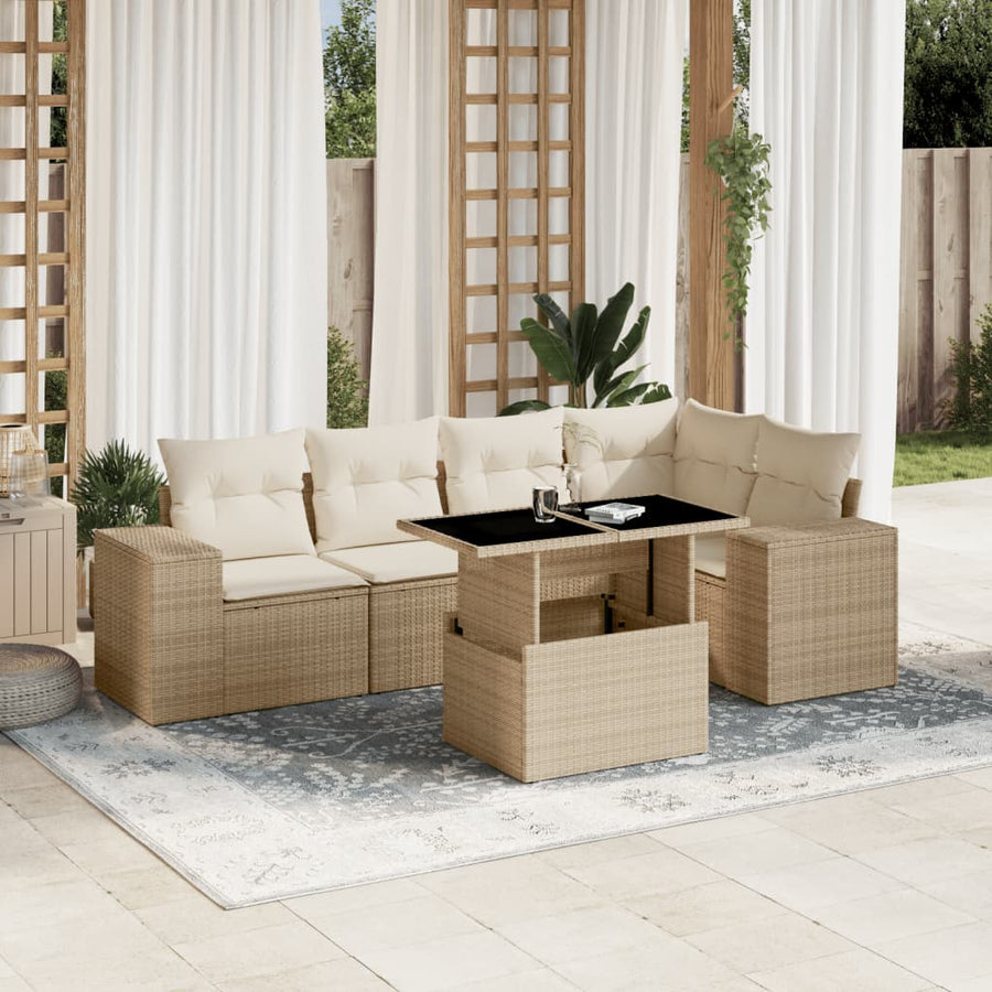 6-delige Loungeset met kussens poly rattan beige