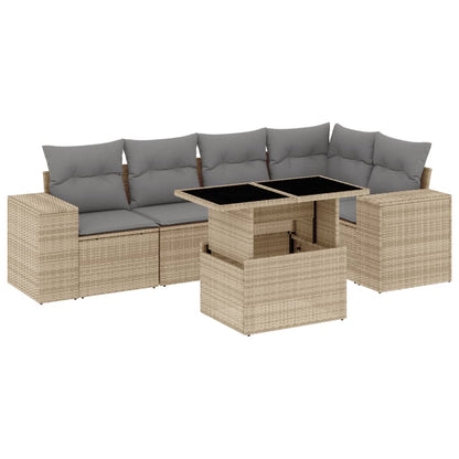 6-delige Loungeset met kussens poly rattan beige
