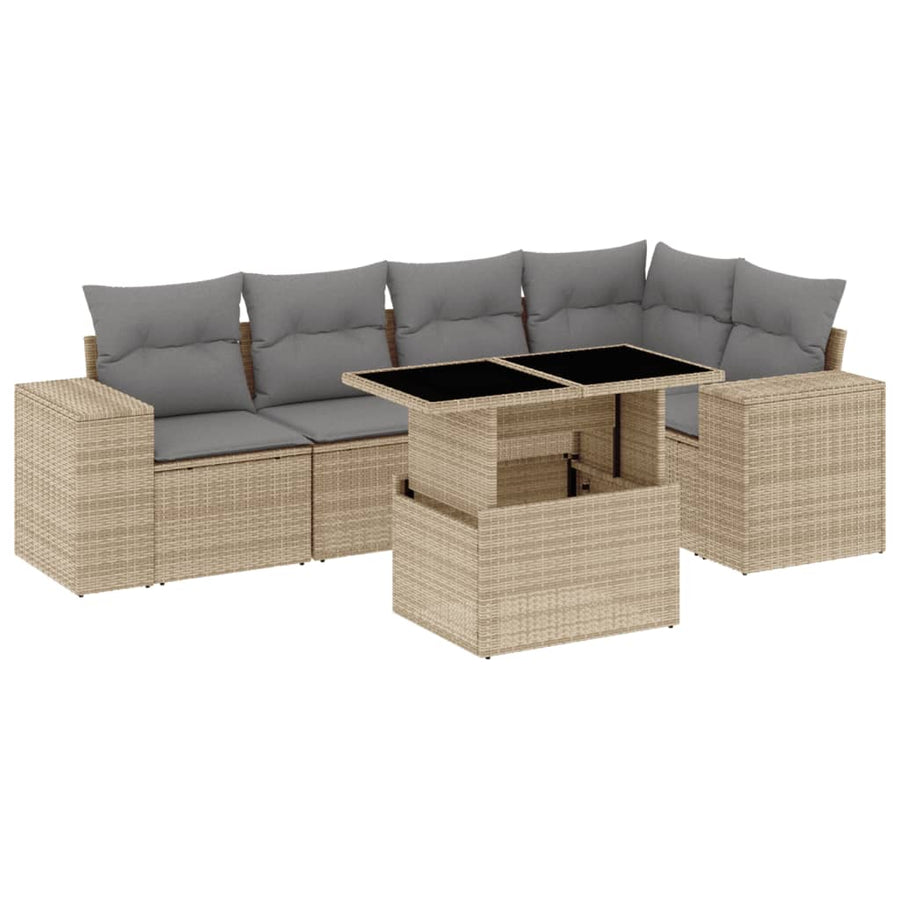 6-delige Loungeset met kussens poly rattan beige