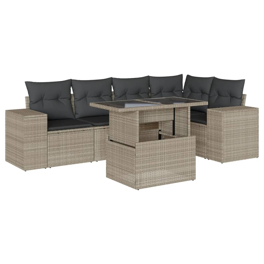 6-delige Loungeset met kussens poly rattan lichtgrijs