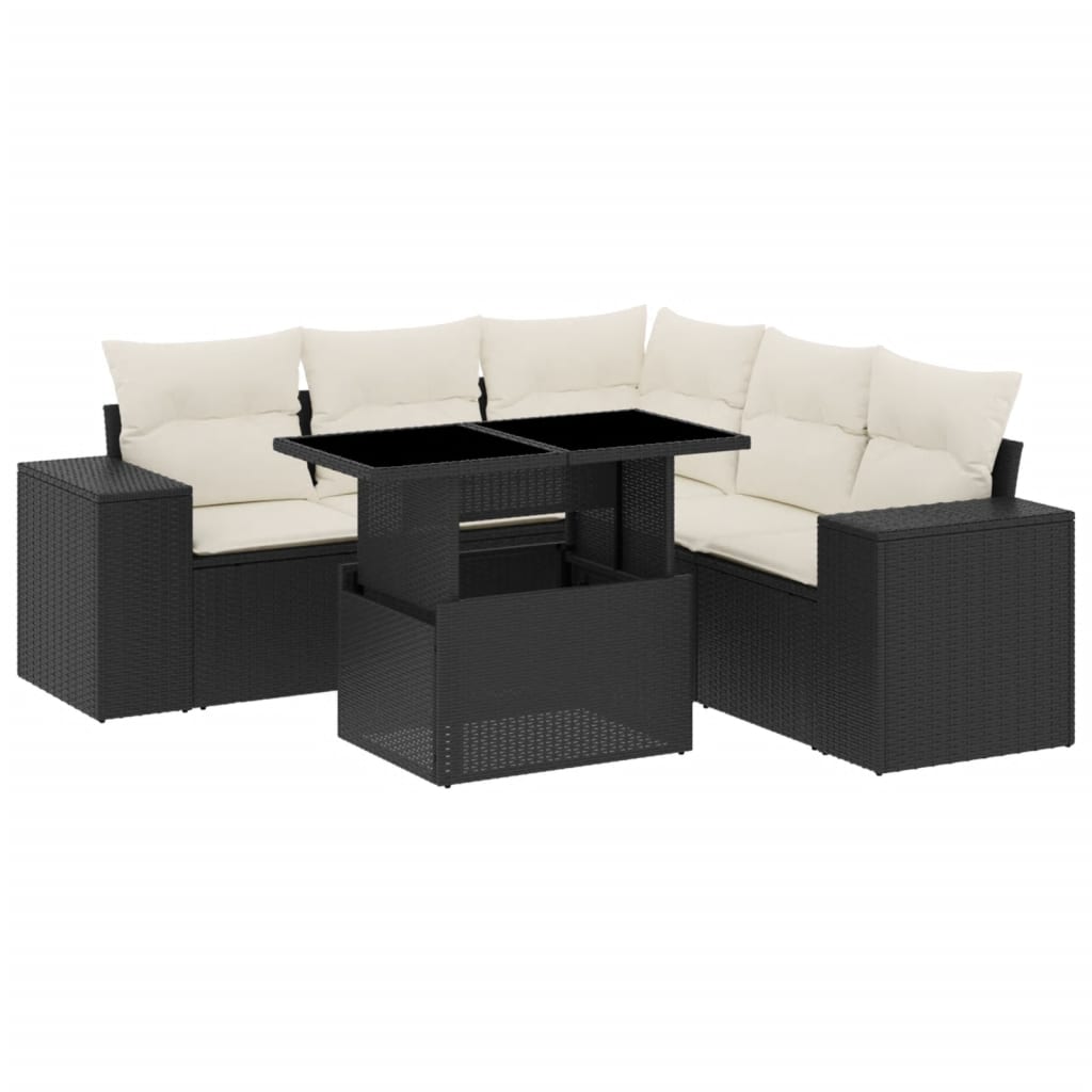 6-delige Loungeset met kussens poly rattan zwart