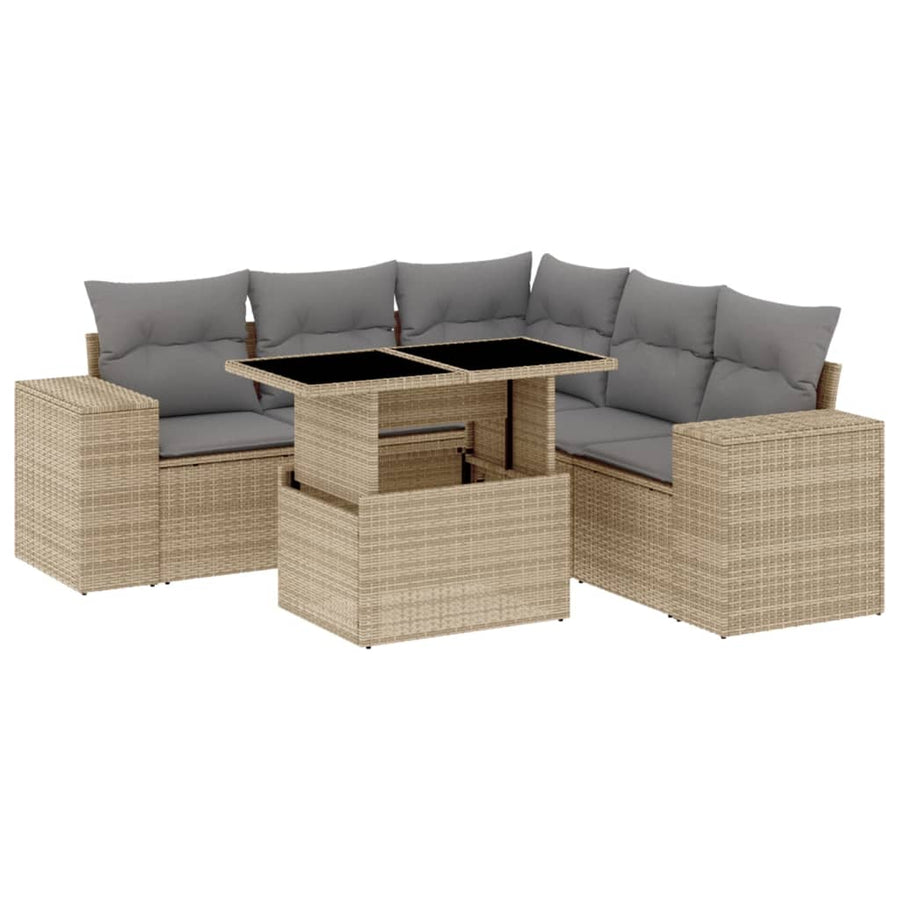 6-delige Loungeset met kussens poly rattan beige
