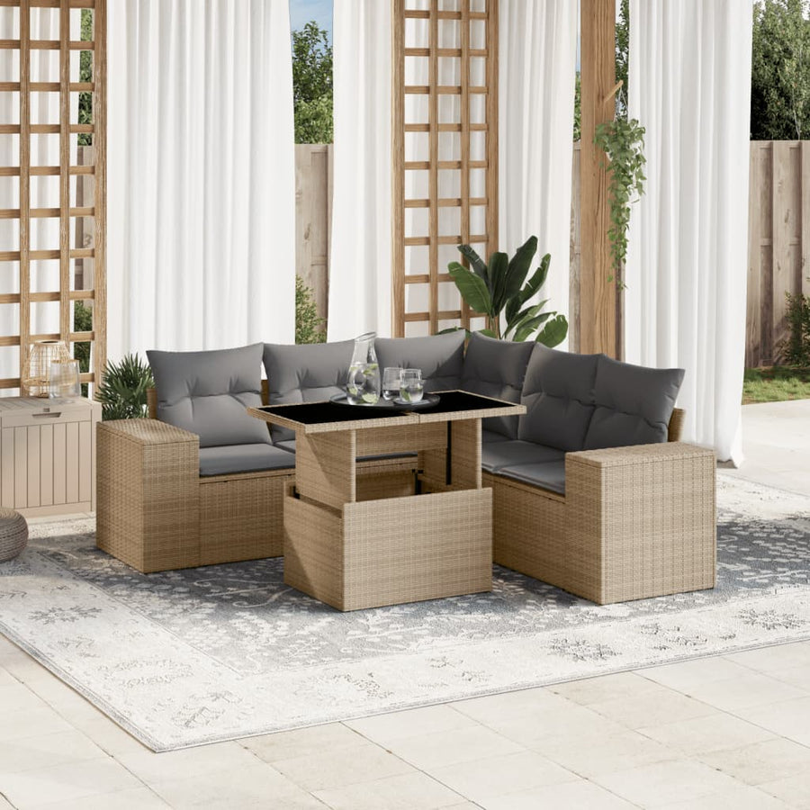 6-delige Loungeset met kussens poly rattan beige