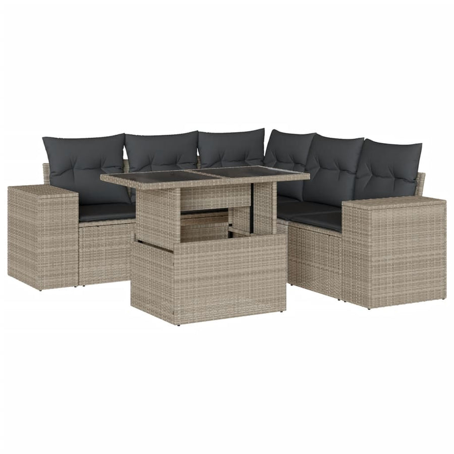 6-delige Loungeset met kussens poly rattan lichtgrijs