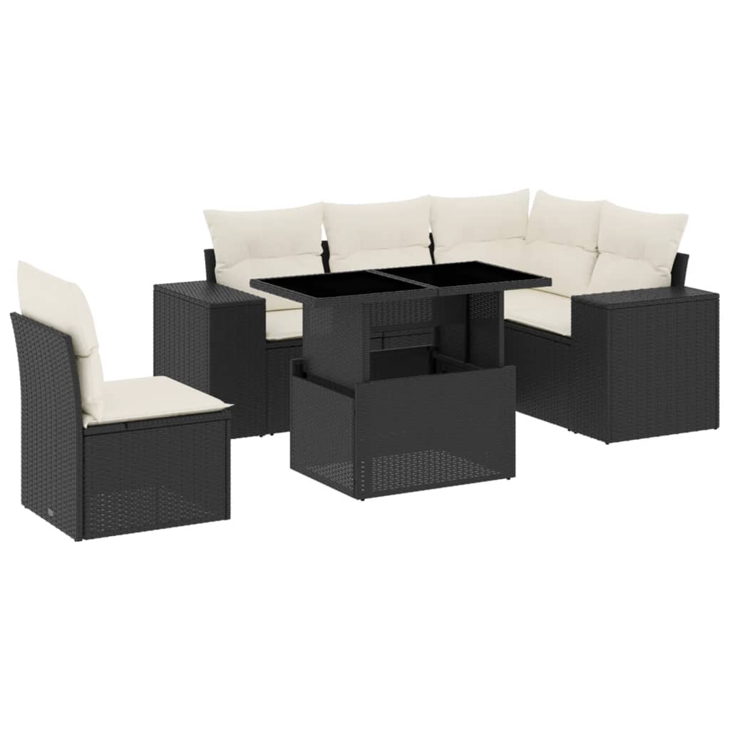6-delige Loungeset met kussens poly rattan zwart