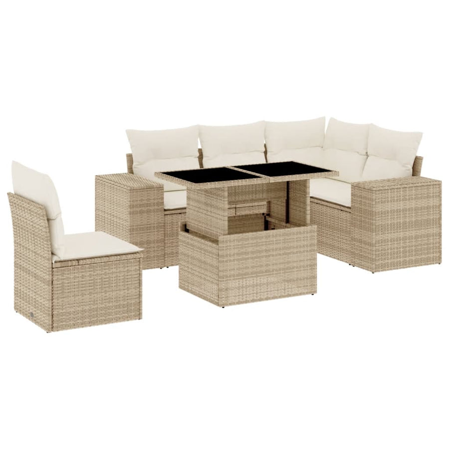 6-delige Loungeset met kussens poly rattan beige
