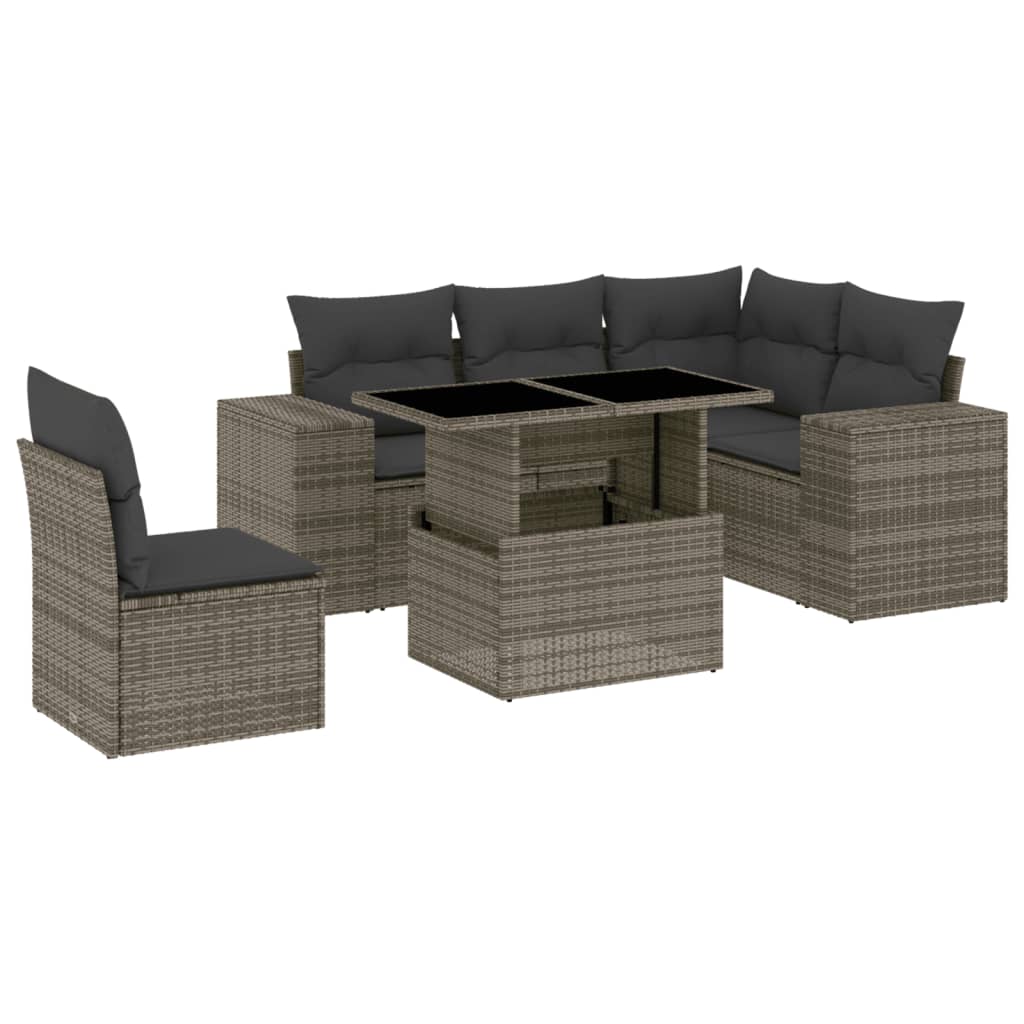 6-delige Loungeset met kussens poly rattan grijs